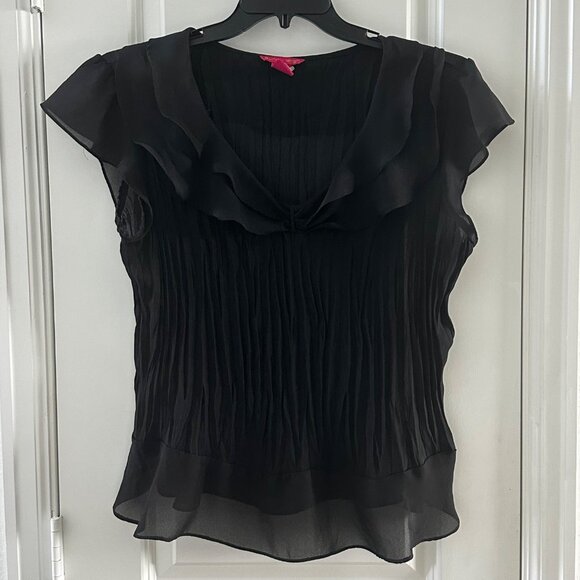 Sunny Leigh Black Ruffle & Pleat Womens Blouse XL 100% Polyester Sheer Cap Sleev - Picture 1 of 6